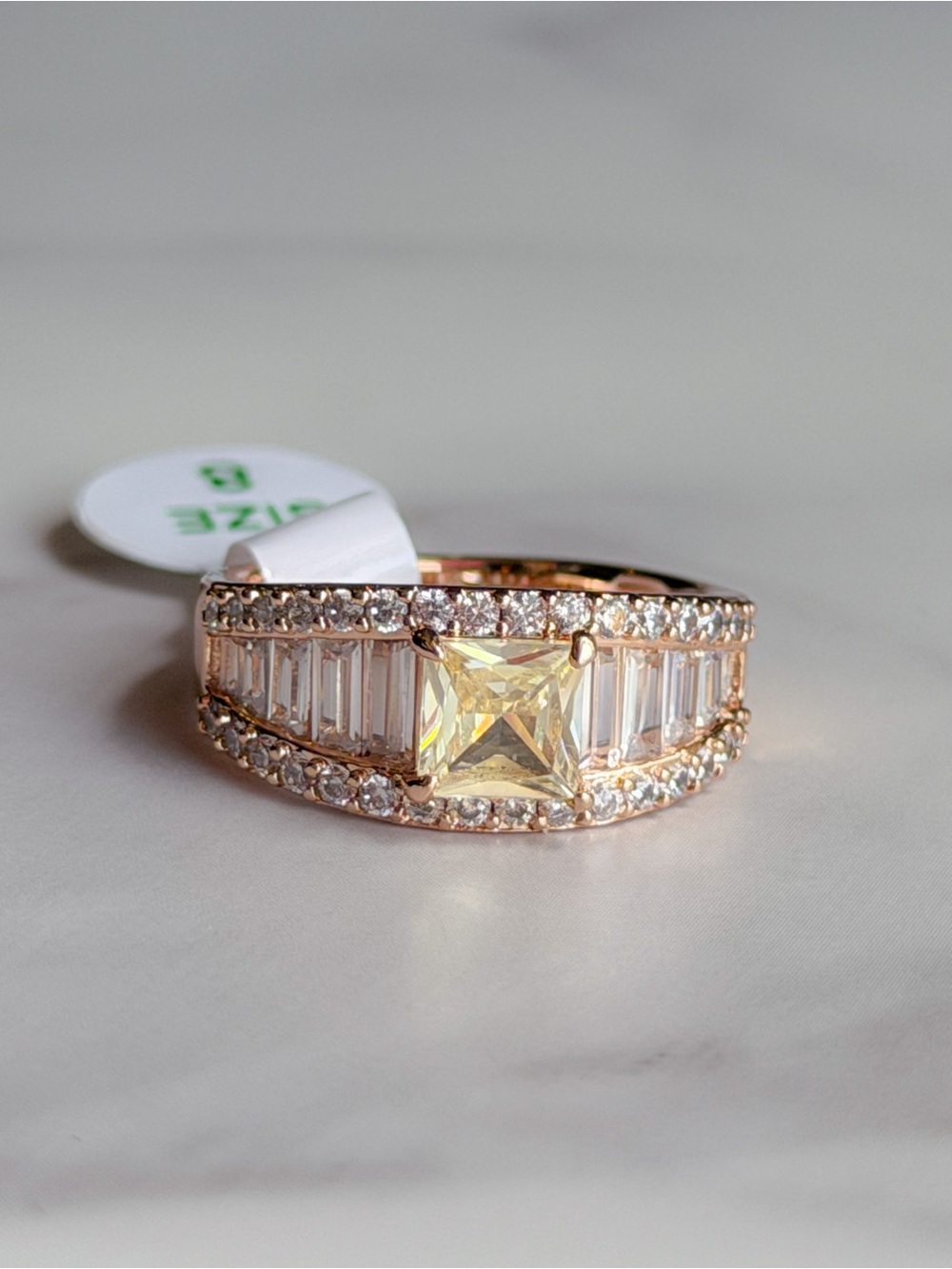 Bomb Party Lemon CZ Statement Ring Rose Gold Plate Sz 8 NWT Princess Cut Bagette - Picture 2 of 5